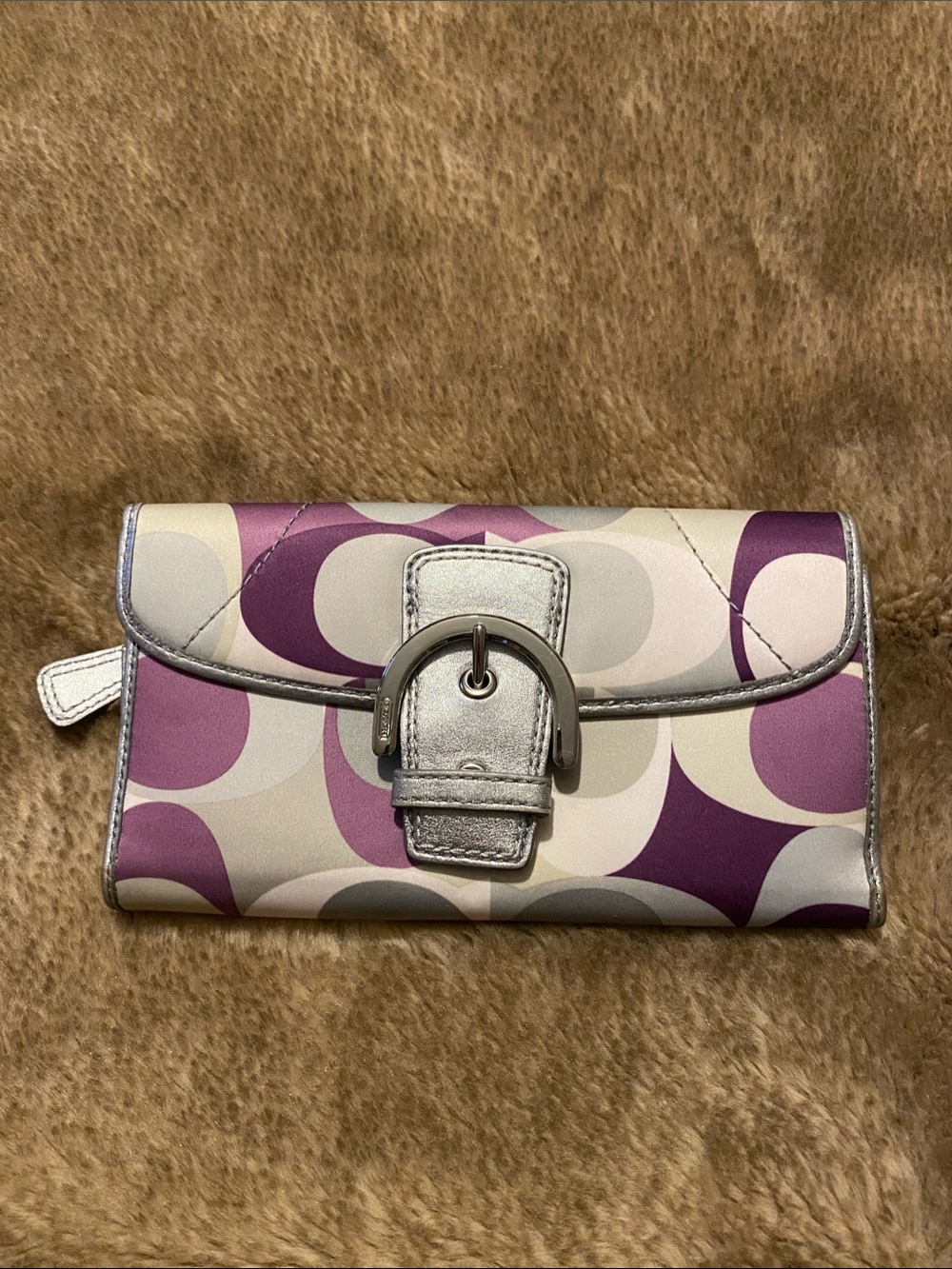 Coach Purple and Silver Signature Continental Wallet with Buckle Detail
